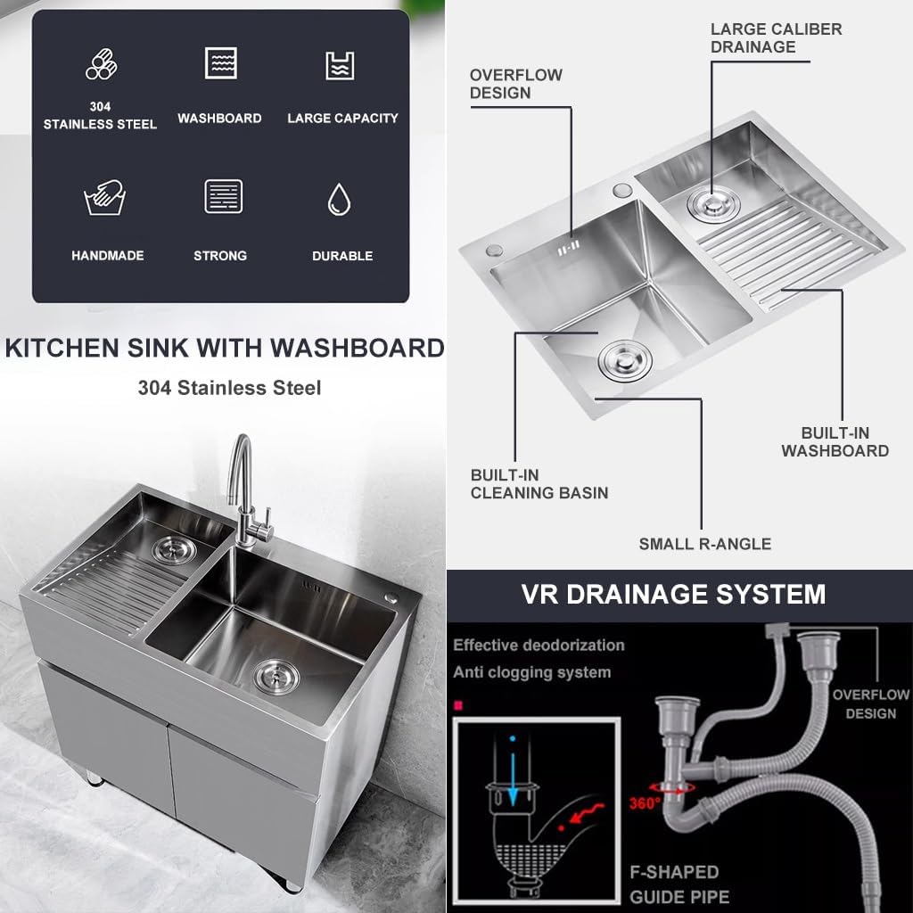 Bathroom Sinks Large 304 Stainless Steel Laundry Pool Single Bowl Kitchen Sink with Washboard Laundry Sink with Big Bend Faucet and Drainage Component (Silver-60x48x21cm
