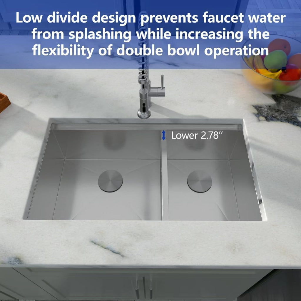 Dcolora 36 In. Undermount Double Bowl Kitchen Sink, 60/40 Low Divide Workstation, 16 Gauge 304 Stainless Steel Sink, 36' x 19' x 10' #DC-U7739