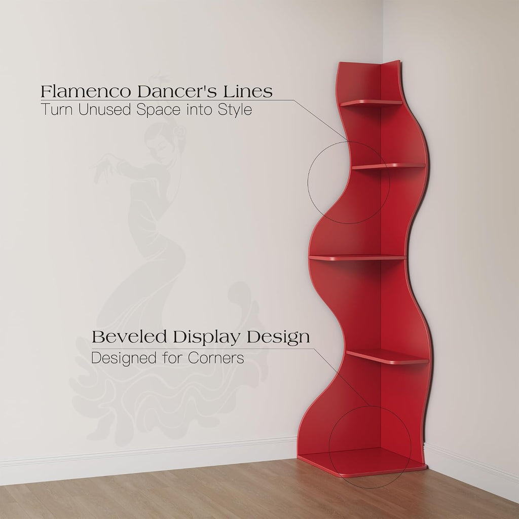 YOWOS 69.4' 5-Tier Modern Corner Bookshelf – Wavy Wooden Display Shelf with Storage, Narrow Corner Bookcase for Small Spaces, Ideal for Plants, Books & Decor (Red)