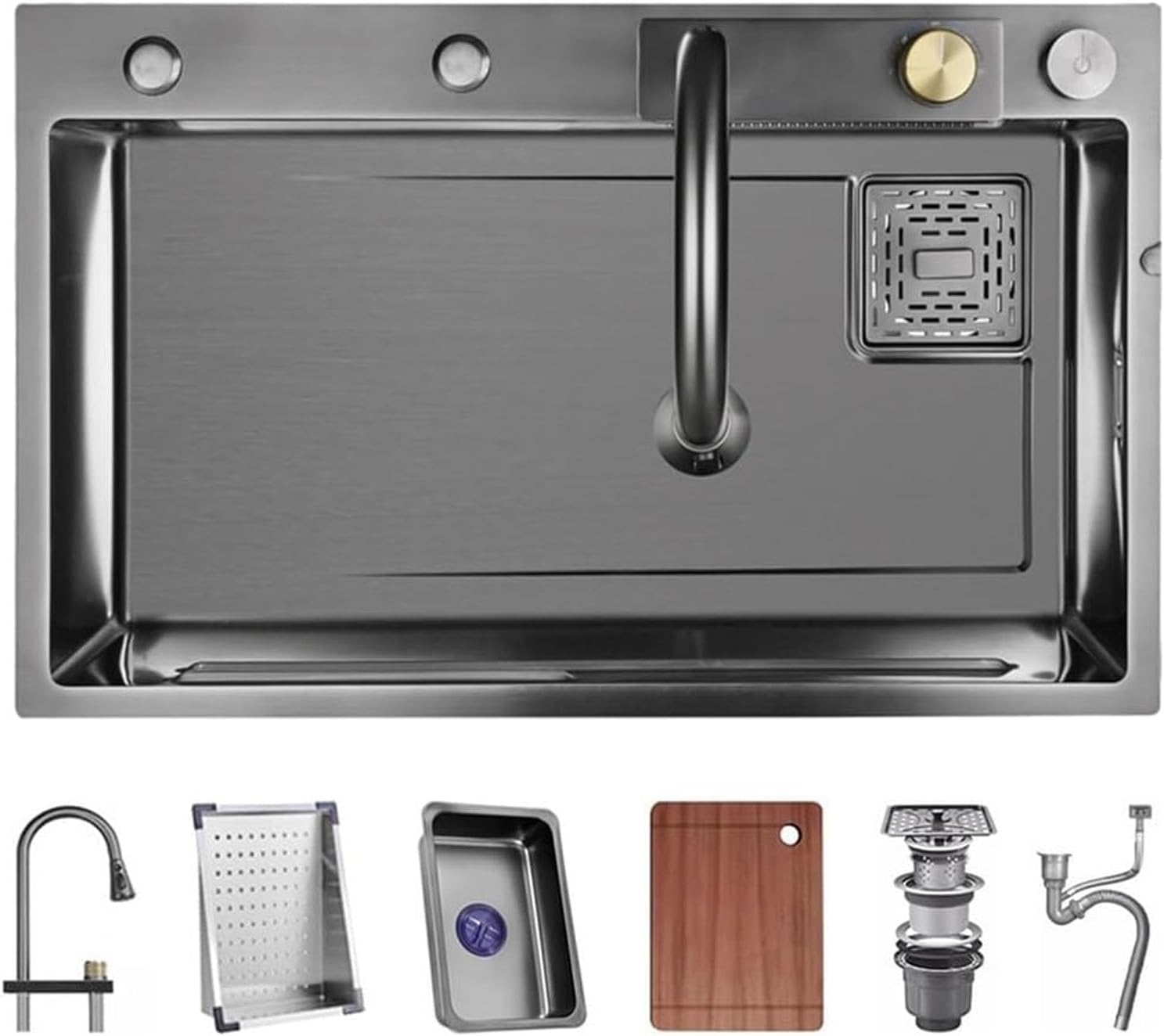 Versatile Stainless Steel Single-Bowl Kitchen Workstation Sink Waterfall Sink with Pull-Down Faucet Bar Prep Sink with Complete Accessory Set (Color : Black-Grey, Size : 80x45x22cm) (Blackgrey 75