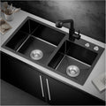 Black Double Bowl Kitchen Sink 304 Stainless Steel Bar Sink Square RV Sink with Faucet & Drain Top Mount Or Undermount (Color : Black-d, Size : 88x48x22cm)