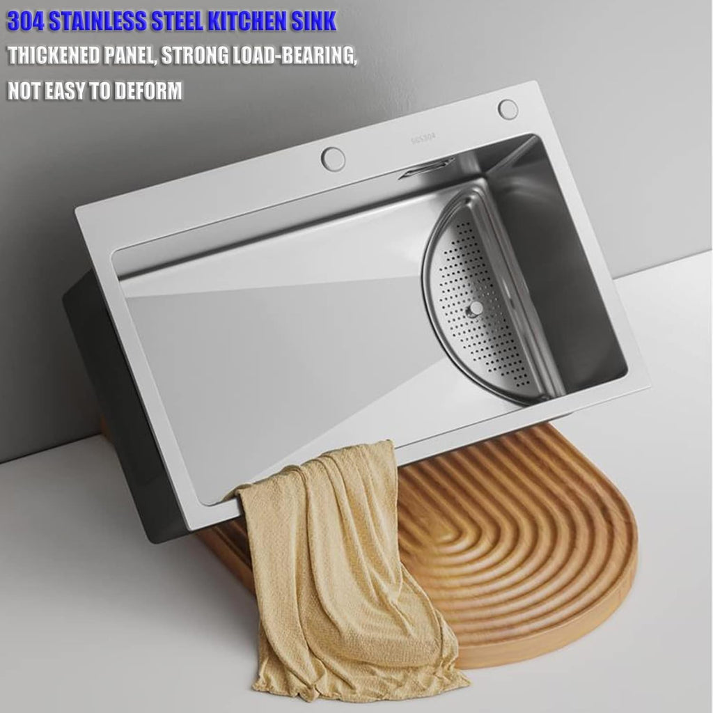 Square Brushed Single Bowl Kitchen Sink/ 304 Stainless Steel Bar Prep Sink with Drain Pipe and Installation Kit Drop in Or Undermount (Color : NO Faucet, Size : 68x45x23.5cm) (Dhave Faucet 72x45x