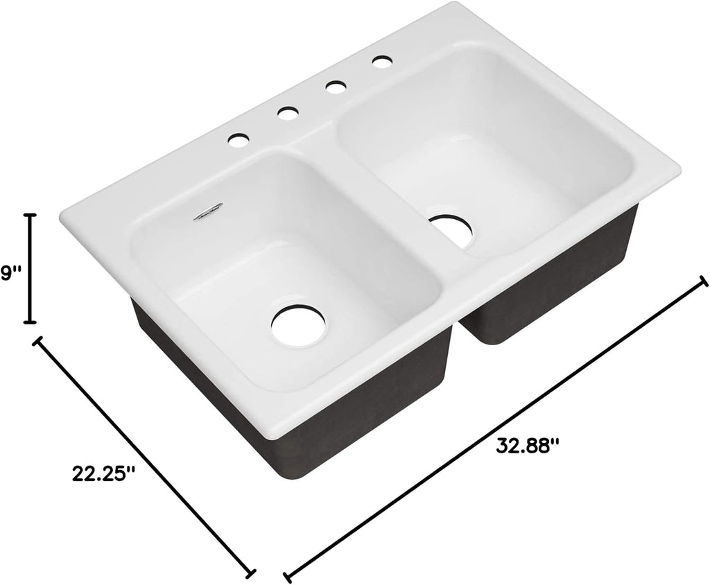 American Standard 77DB33224.308 Quince 33x22 Top Mount Double Bowl Cast Iron Kitchen Sink - 4 Holes,