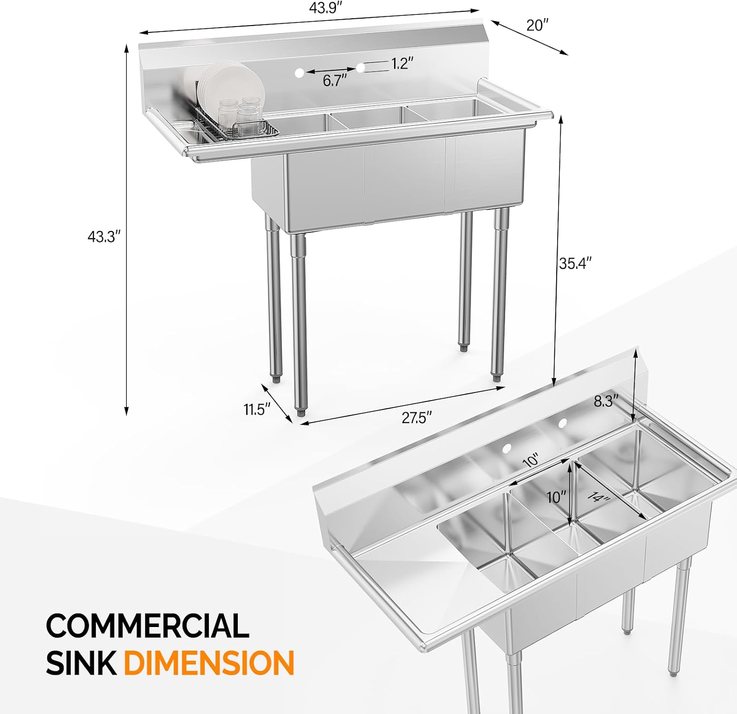 ROVSUN Commercial Sink, Stainless Steel with 3 Compartment and Left Side Drainboard, 43.9' x 20' x 43.3' Freestanding Kitchen Utility Sink, Bowl Size 10' x 14' x 10', Silver