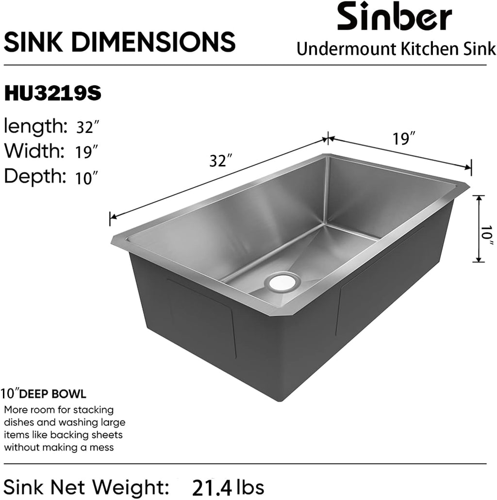 Sinber HU3219S-16G 32' x 19' x 10' Undermount Single Bowl Kitchen Sink with 16 Gauge 304 Stainless Steel Satin Finish (Sink Only)