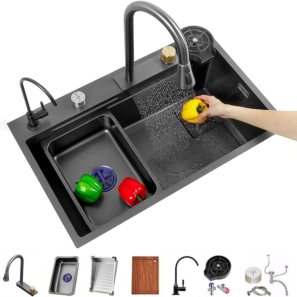 Stainless Steel Single-Bowl Kitchen Workstation Sink Versatile Bar Kitchen Sink Waterfall Pull-Down Faucet and Complete Accessory (Color : Black, Size : 75x45x22cm) (Black 68x45x22cm)