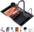Stainless Steel Single-Bowl Kitchen Workstation Sink Multi-functional Farmhouse Sink Waterfall Pull-Down Faucet And Complete Accessory Set (Color : Black, Size : 75x46x22cm) (Black 80x46x22cm)