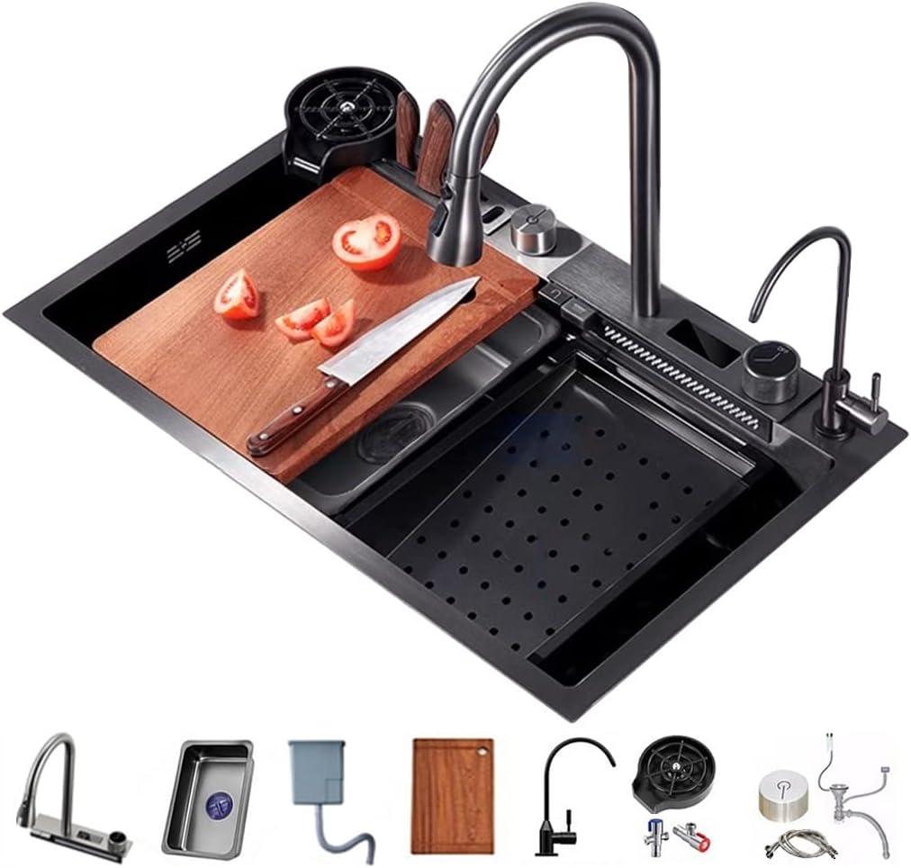Stainless Steel Single-Bowl Kitchen Workstation Sink Multi-functional Farmhouse Sink Waterfall Pull-Down Faucet And Complete Accessory Set (Color : Black, Size : 75x46x22cm) (Black 80x46x22cm)