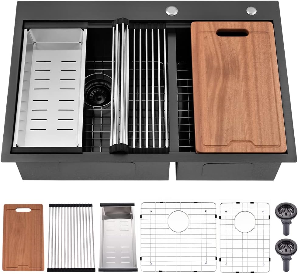 33 Inch Black Drop In Double Bowl Kitchen Sink Workstation-Bokaiya 33x22 Drop In Kitchen Sink Top Mount Workstation Sink 16 Gauge Stainless Steel Low Divide 60/40 Double Sink with Cutting Board