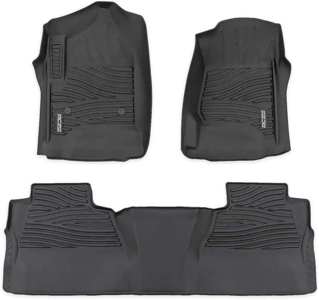 Rough Country Flex-Fit Floor Mats for Chevy Silverado & GMC Sierra 1500/2500HD/3500HD (2014–2018) Crew Cab - Front & Rear Set, All-Weather Non-Slip TPE Liners w/Spill Saver Lip