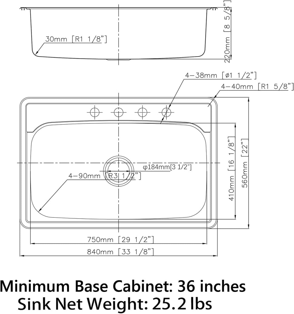 Sinber MT3322C 33' x 22' x 9' Drop In Single Bowl Kitchen Sink with 18 Gauge 304 Stainless Steel Satin Finish (Sink Only)