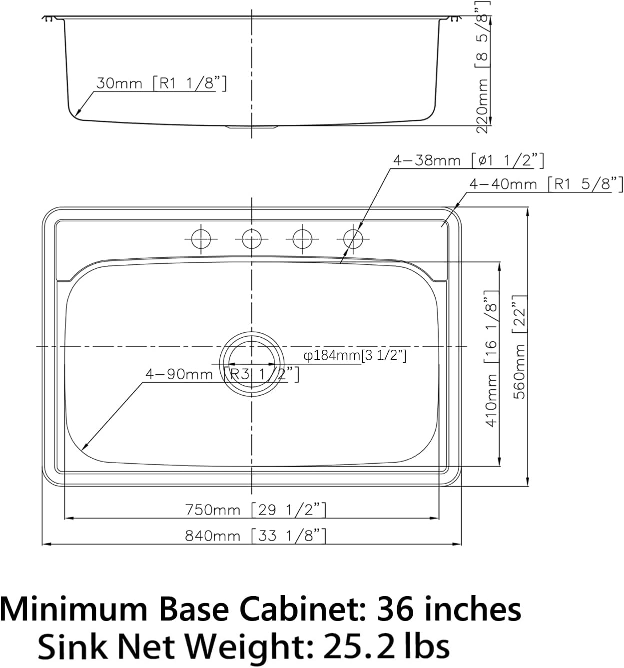 Sinber MT3322C 33' x 22' x 9' Drop In Single Bowl Kitchen Sink with 18 Gauge 304 Stainless Steel Satin Finish (Sink Only)