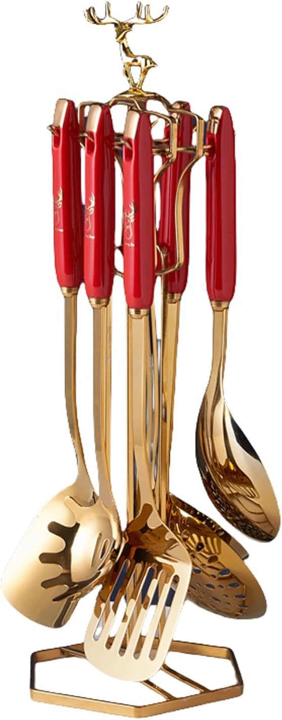 Kitchen Cooking Utensils Set, Stainless Steel Cooking Utensils Set with Holder, 7-Pieces Metal Kitchen Utensils, Kitchen Tools with Countertop Stand
