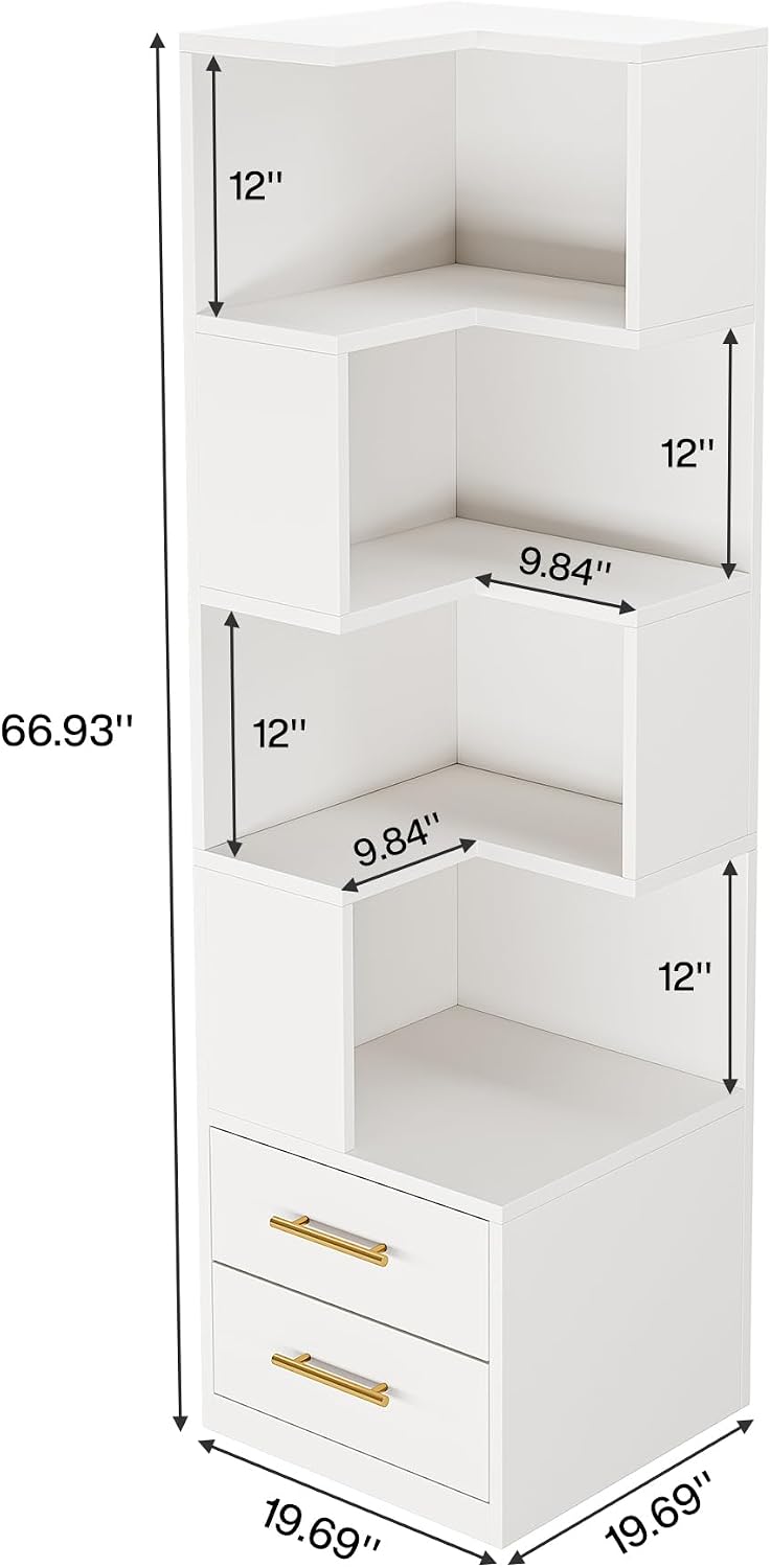 Tribesigns 5-Tier Corner Bookshelf with 2 Drawers, 66.9-Inch Tall Corner Bookcase Shelf, Modern Simple Corner Storage Cabinet Display Rack Shelf for Living Room, Home Office (White)