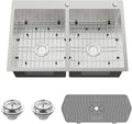 Stainless Steel 50/50 Double Bowl 33x22x9 Inch Drop In Kitchen Sink - Topmount Modern Style, Combo-Sink Grid, Silicon Mat, Drain Assembly