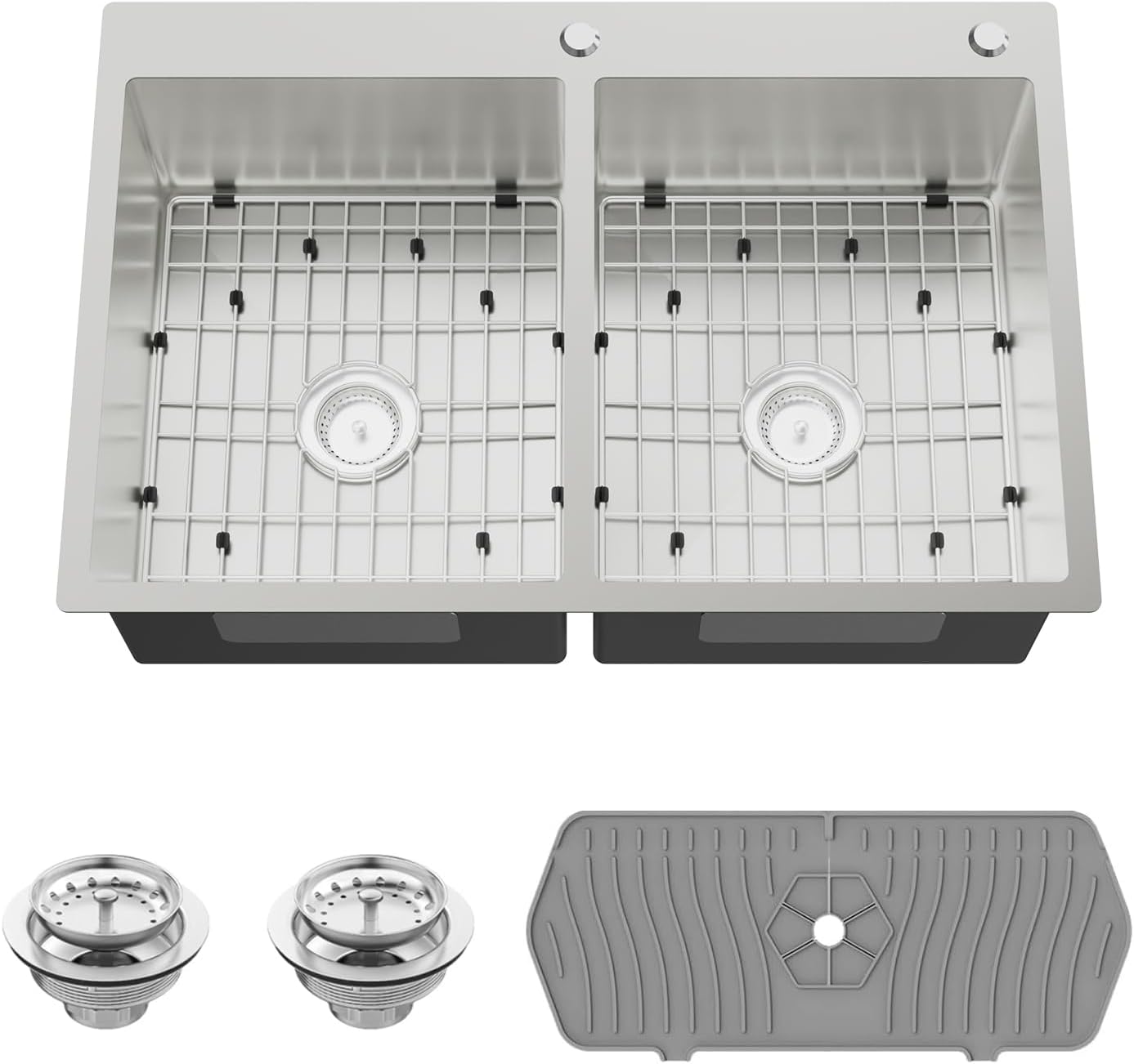 Stainless Steel 50/50 Double Bowl 33x22x9 Inch Drop In Kitchen Sink - Topmount Modern Style, Combo-Sink Grid, Silicon Mat, Drain Assembly