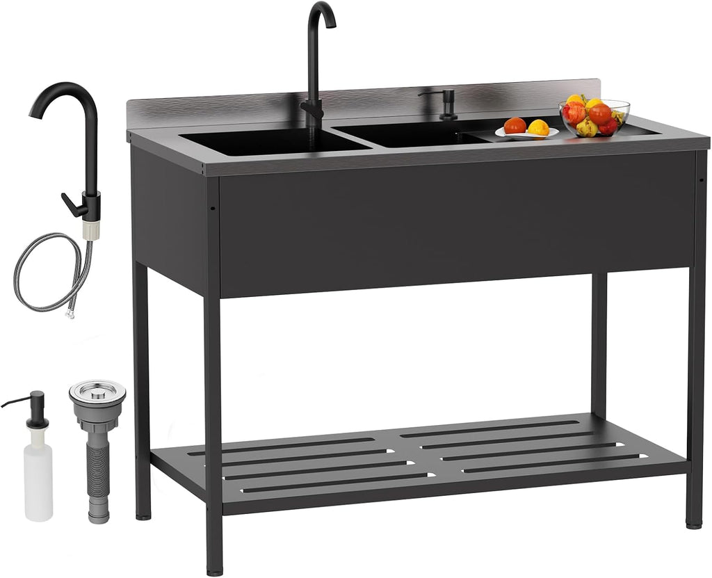 ROVSUN Black Electroplated Stainless Steel Double Bowl Utility Sink, 24'D x 47.5'W x 38.9'H, Heavy-Duty Freestanding Prep & Cleaning Sink with Faucet for Restaurant, Kitchen, Laundry, and Garage Use