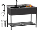 ROVSUN Black Electroplated Stainless Steel Double Bowl Utility Sink, 24'D x 47.5'W x 38.9'H, Heavy-Duty Freestanding Prep & Cleaning Sink with Faucet for Restaurant, Kitchen, Laundry, and Garage Use