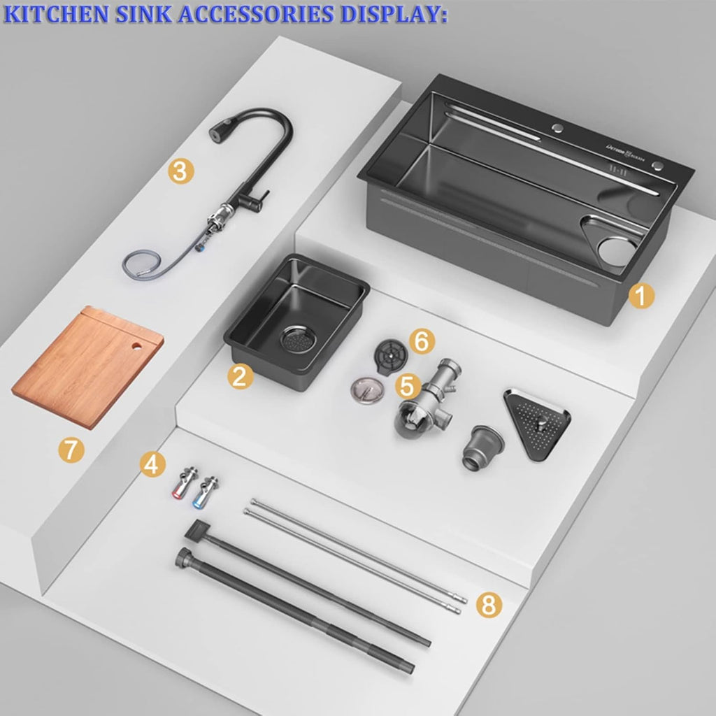 Generic Black Single-Bowl Kitchen Sink 304 Stainless Steel Bar Sink Multi-Function Household Sink Rv Sink with Faucet, Chopping Board and Drain Basket Top Mount Or Under Mount (Color : Black, S