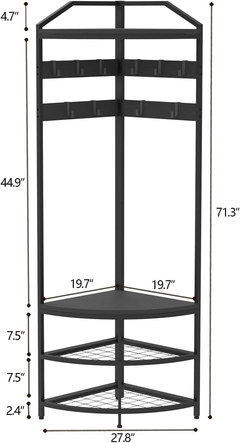 GiftGo Corner Hall Tree with Shoe Bench Entryway Coat Rack with 10 Metal Movable Hooks Freestanding Clothes Rack Shoes Shelf Organizer for Home Office Bedroom (Black)