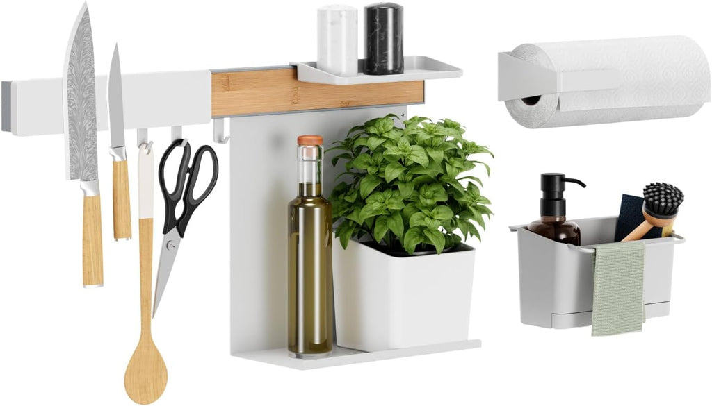 tesa Kitchen Organiser Combo Set XL - Self-Adhesive Kitchen Rail System, Herb Pot, 2 Shelves, Dishwasher Organiser, Knife and Kitchen Roll Holder, Hook Rail with 3 Hooks - Drill-Free - Bamboo/White