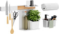 tesa Kitchen Organiser Combo Set XL - Self-Adhesive Kitchen Rail System, Herb Pot, 2 Shelves, Dishwasher Organiser, Knife and Kitchen Roll Holder, Hook Rail with 3 Hooks - Drill-Free - Bamboo/White