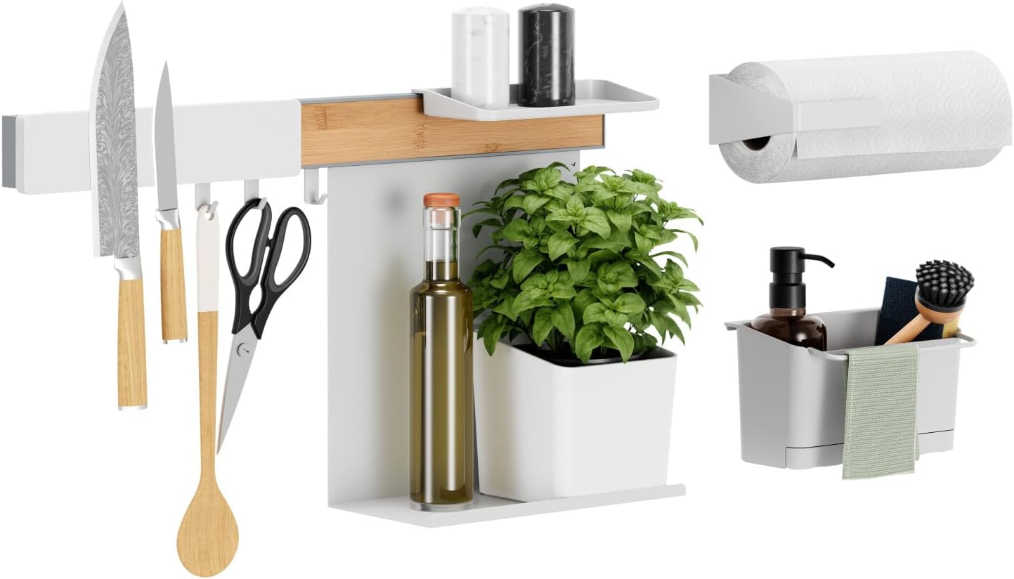 tesa Kitchen Organiser Combo Set XL - Self-Adhesive Kitchen Rail System, Herb Pot, 2 Shelves, Dishwasher Organiser, Knife and Kitchen Roll Holder, Hook Rail with 3 Hooks - Drill-Free - Bamboo/White