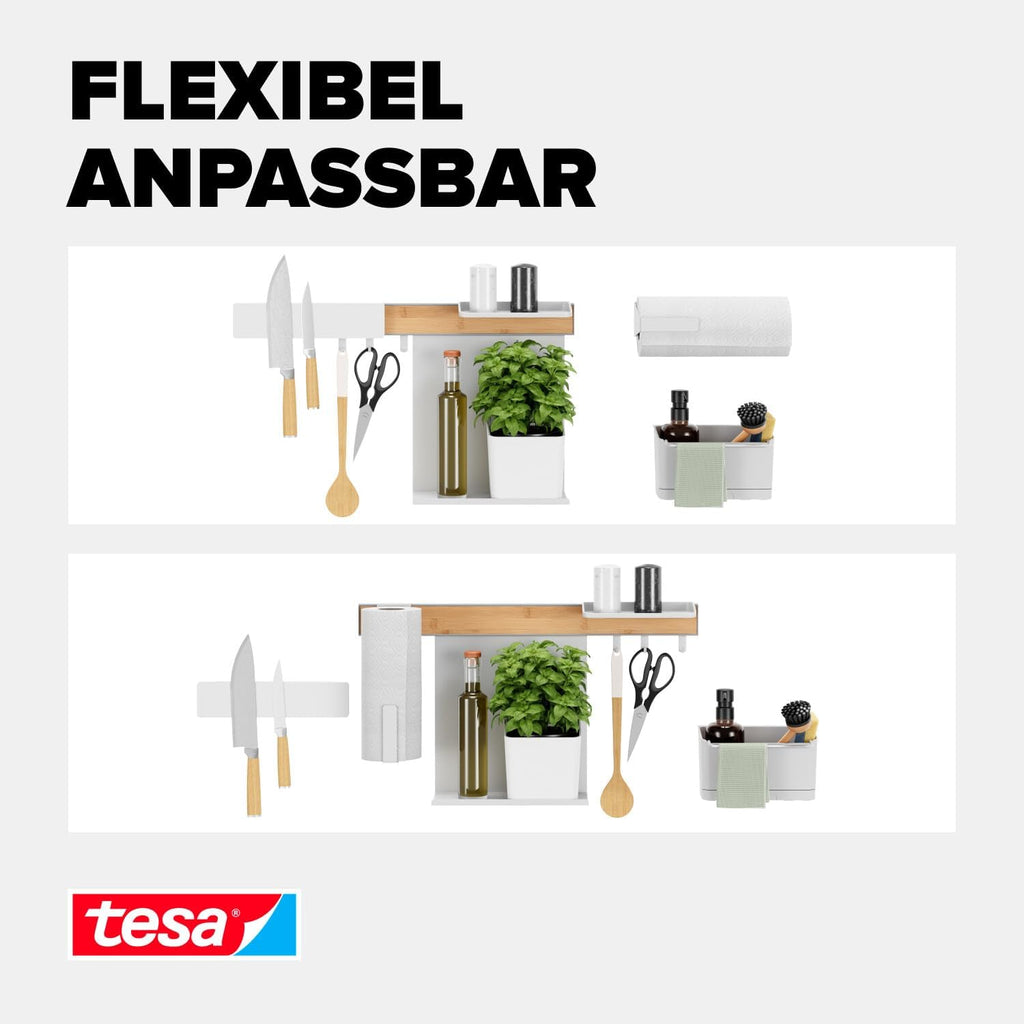 tesa Kitchen Organiser Combo Set XL - Self-Adhesive Kitchen Rail System, Herb Pot, 2 Shelves, Dishwasher Organiser, Knife and Kitchen Roll Holder, Hook Rail with 3 Hooks - Drill-Free - Bamboo/White