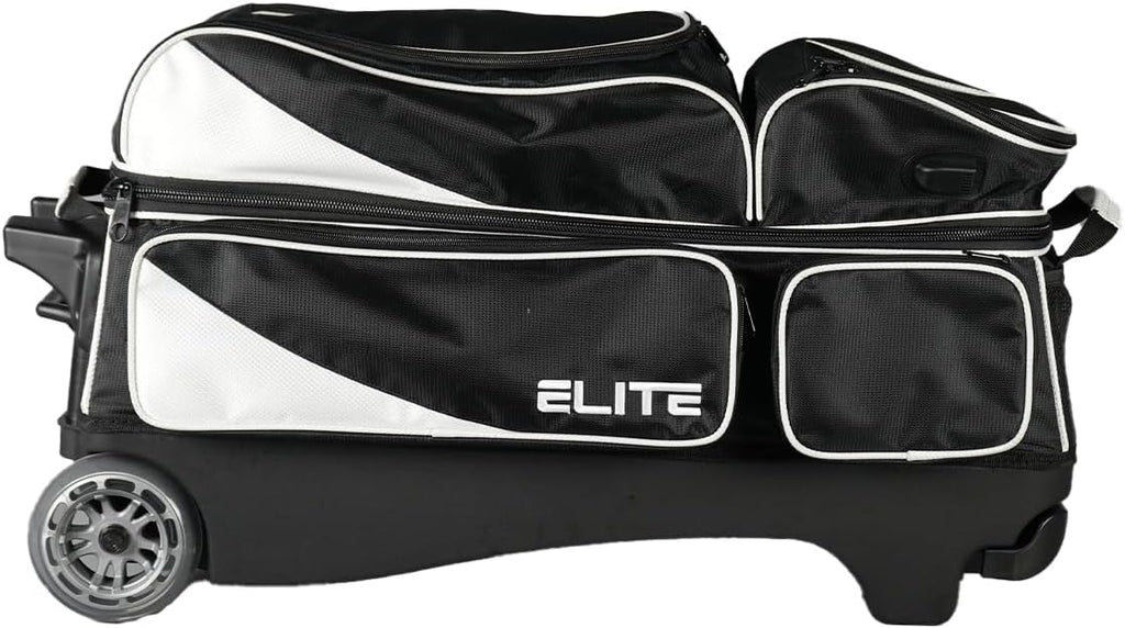 ELITE Deluxe 3 Ball Roller Bowling Bag with 5' Smooth Wheels - 4 Large Accessory Pockets, Shoe Compartment, Extendable Handle - USB Charging Port