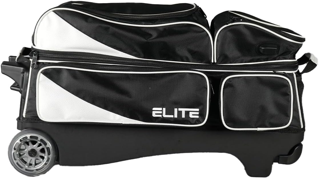 ELITE Deluxe 3 Ball Roller Bowling Bag with 5' Smooth Wheels - 4 Large Accessory Pockets, Shoe Compartment, Extendable Handle - USB Charging Port