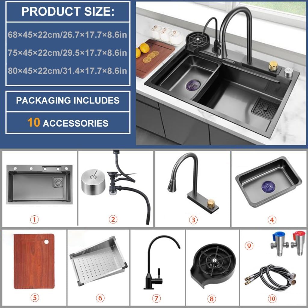 Stainless Steel Single-Bowl Kitchen Sink Multi-functional Waterfall Sink Nano-Coated Workstation Sink with Waterfall Pull-Down Faucet and Complete Accessory Set (Size : 68x45x22cm) ( 80x45x22cm)