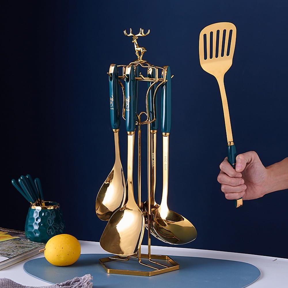 Kitchen Cooking Utensils Set, 7pcs Stainless Steel Kitchen Utensils Set with Holder, Cooking Utensils Set, Metal Kitchen Utensils with Stand