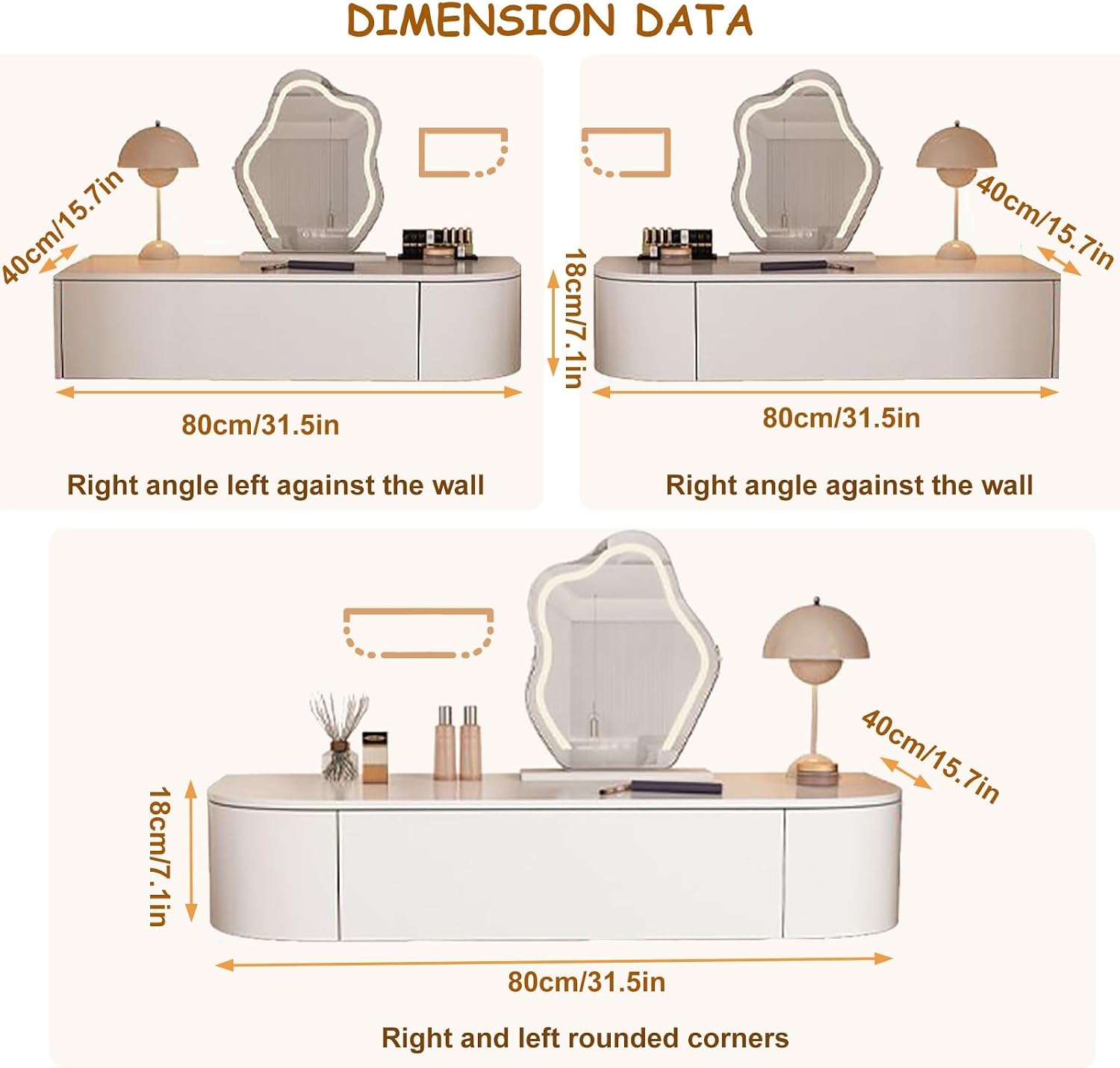 Floating Makeup Vanity for Wall, White Corner Floating Desk Dresser, Wall Mounted Floating Dressing Table with Storage, Small Wood Vanity Desk with Mirror and Lights, Bedside Vanity with Shelf Bedroom
