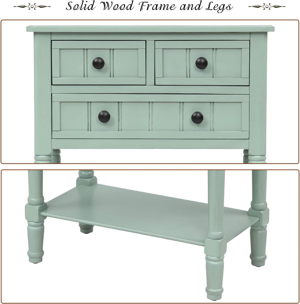 Knocbel Slim Antique Entry Console Table with Drawers & Bottom Open Shelf, Solid Wood Sofa Couch Table for Entryway Hallway Living Room (Mint Green)
