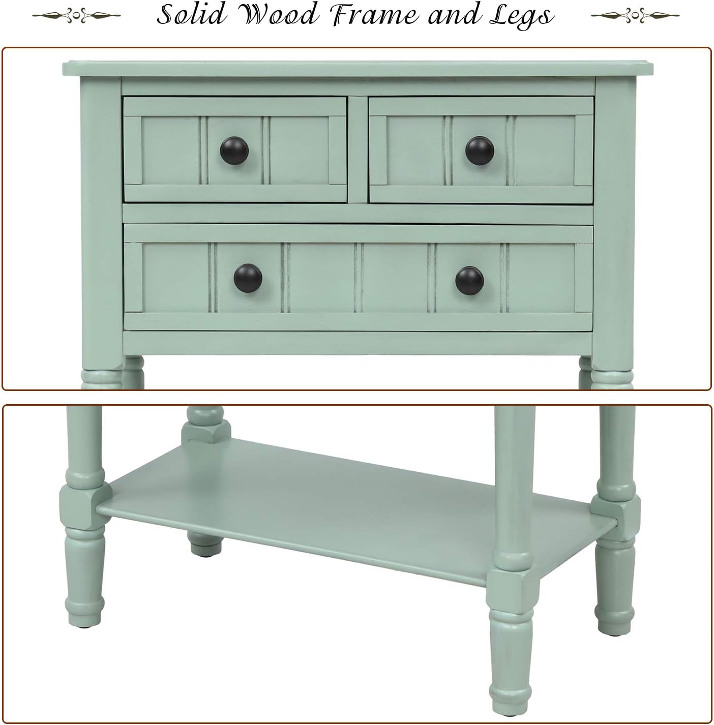 Knocbel Slim Antique Entry Console Table with Drawers & Bottom Open Shelf, Solid Wood Sofa Couch Table for Entryway Hallway Living Room (Mint Green)
