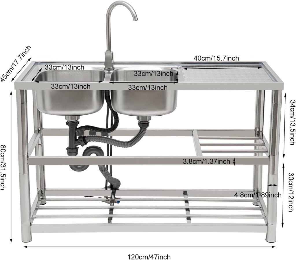 Free Standing Commercial Kitchen Sink Stainless Steel, Double Bowl Utility Sink with 360° Rotatable Faucet and Water Pipes Restaurant Outdoor Utility Sink Left Dual-Bowl (47x17.7x31.5in-A)