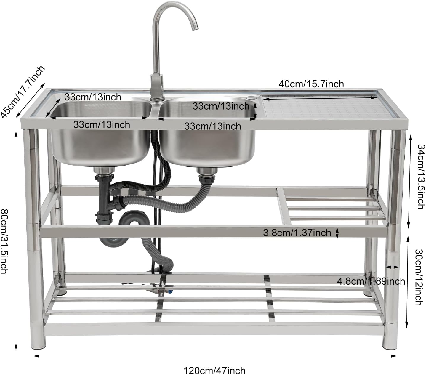 Free Standing Commercial Kitchen Sink Stainless Steel, Double Bowl Utility Sink with 360° Rotatable Faucet and Water Pipes Restaurant Outdoor Utility Sink Left Dual-Bowl (47x17.7x31.5in-A)