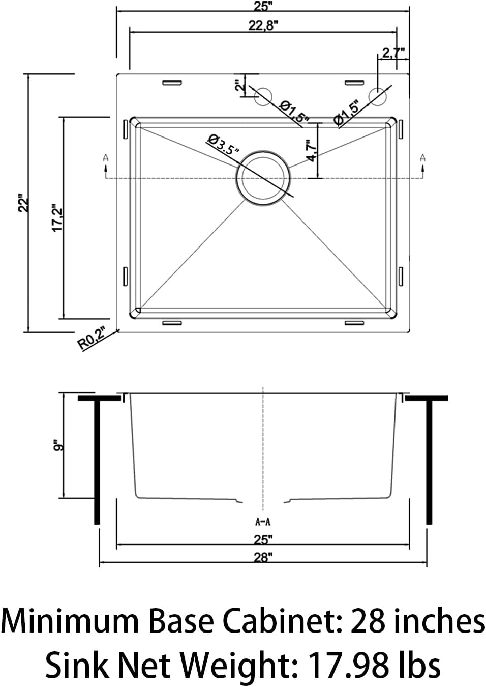 Sinber HT2522S-9-S 25' x 22' x 9' Drop In Single Bowl Kitchen Sink with 18 Gauge 304 Stainless Steel Satin Finish (Sink Only)