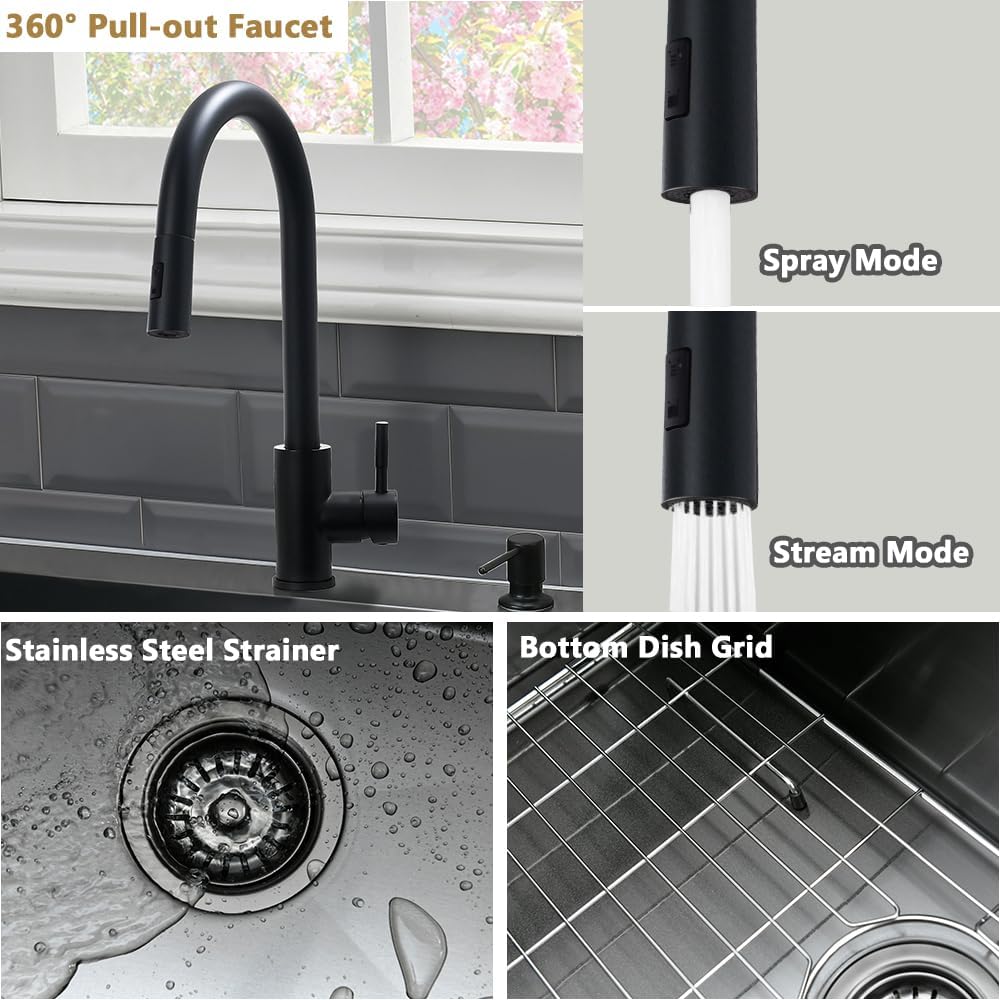 30 Inch Black Kitchen Sink Drop In-VASOYO 30x18 Black Stainless Steel Drop In Kitchen Sink Deep Single Basin Kitchen Sink Top Mount Kitchen Sinks with Faucet Combo