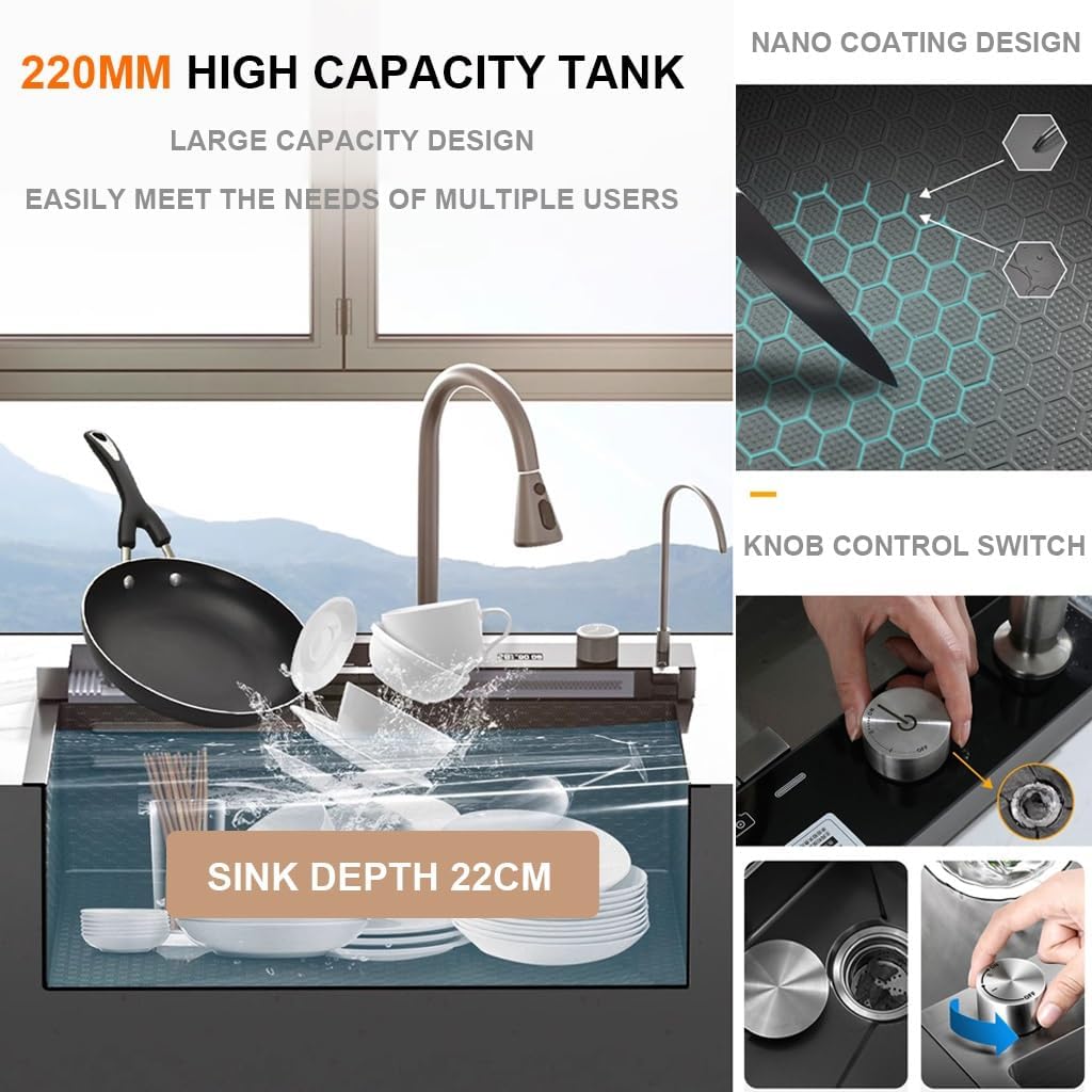Stainless Steel Single Bowl Kitchen Workstation Sink Multi-Functional Bar Sink Waterfall Pull-Down Faucet and Complete Accessory Set (Black 75x45x21cm)