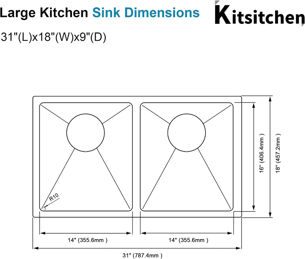 Kitsitchen Undermount Kitchen Sink,16 Gauge 304S Stainless Steel Double Kitchen Sink with Drain Strainers & Grids, 31' x 18' x 9' Large and Deep Handmade Kitchen Sinks,50/50 Double Bowl Design