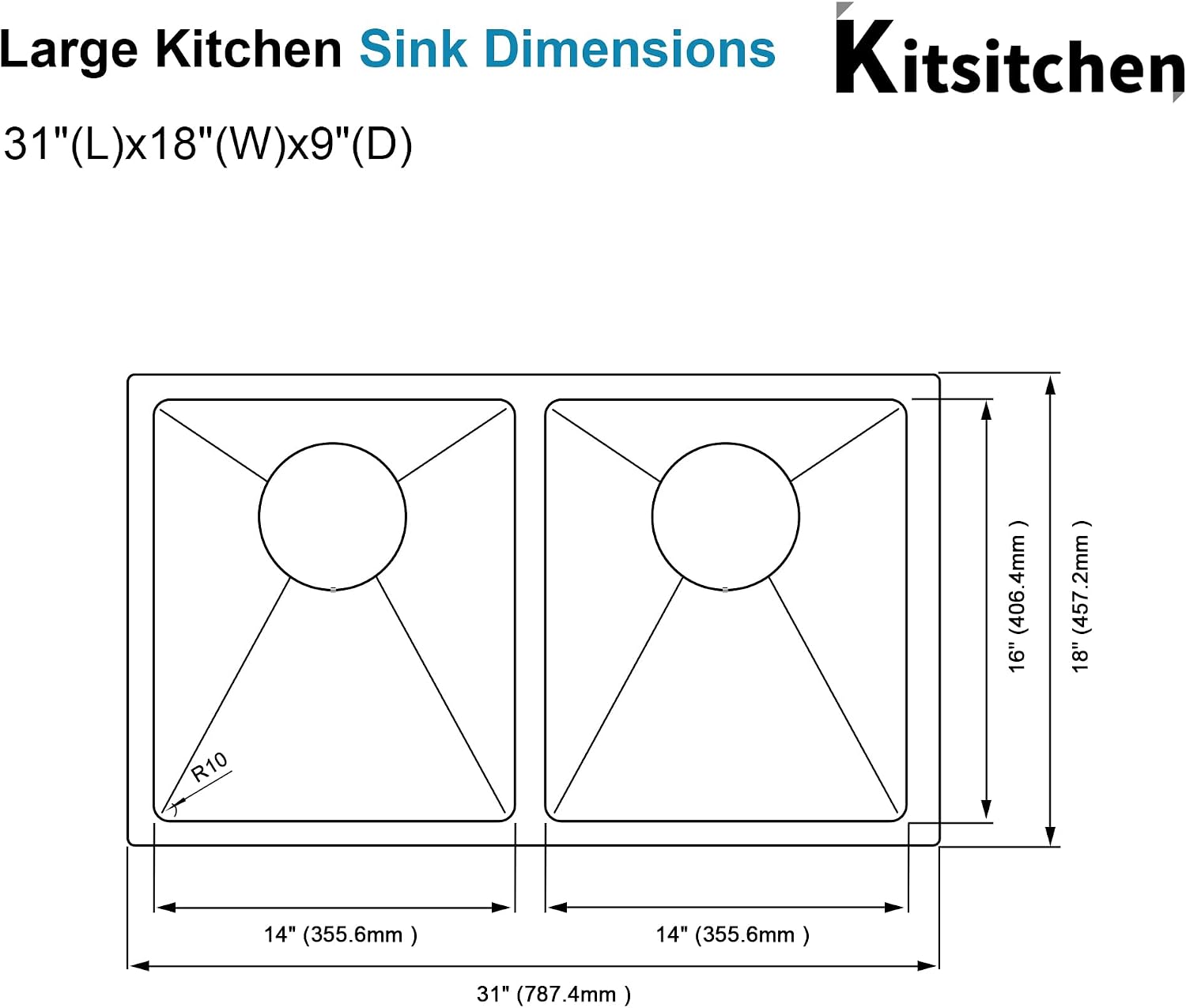 Kitsitchen Undermount Kitchen Sink,16 Gauge 304S Stainless Steel Double Kitchen Sink with Drain Strainers & Grids, 31' x 18' x 9' Large and Deep Handmade Kitchen Sinks,50/50 Double Bowl Design