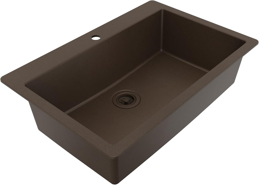 Karran 33' Drop-In Top Mount Quartz Composite Single Bowl Kitchen Sink in Brown – Extra Deep 9' Basin, Heat Resistant, Sound Dampening, Easy Clean Surface