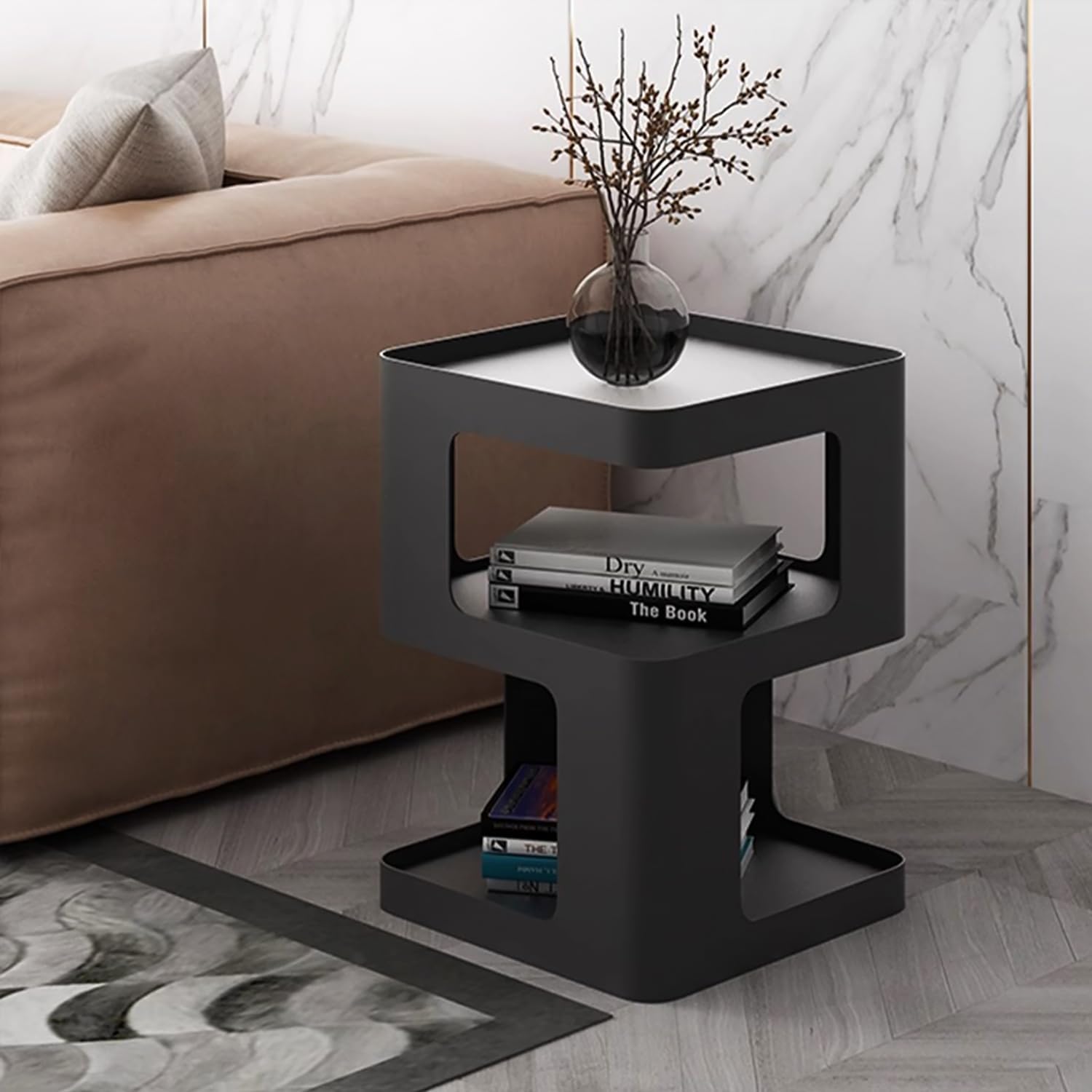 Modern Metal Side Table with Storage,Small End Table for Sofa & Couch,3-Tier Compact Nightstand for Small Spaces,Black Bedside Tables for Living Room & Bedroom,No Assembly Required