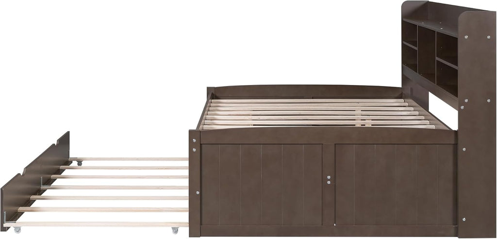 Full Size Corner Bed Frame with Storage Drawers and Trundle,Wooden Captain Bed Frame with Storage Bookshelves Headboard for Living Room Bedroom,No Box Spring Needed, Space Saving,Antique Gray