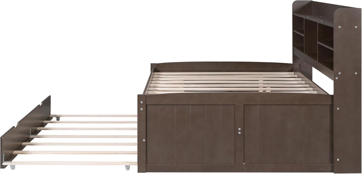 Full Size Corner Bed Frame with Storage Drawers and Trundle,Wooden Captain Bed Frame with Storage Bookshelves Headboard for Living Room Bedroom,No Box Spring Needed, Space Saving,Antique Gray