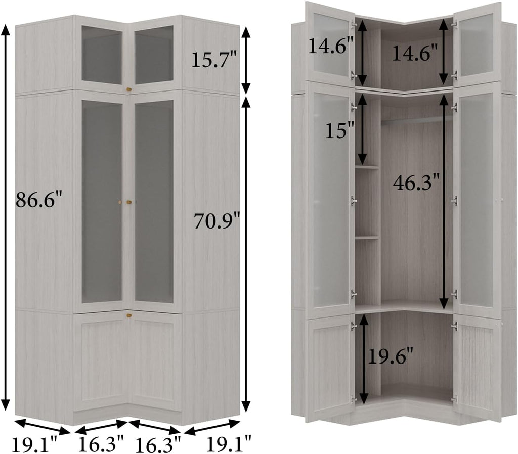 MOUMON Tall Corner Wardrobe, L-Shaped Modern Bedroom Armoires with Frosted Glass Doors and Hanging Rod, Corner Armoire Closet for Clothes Storage, Wood Grain 35.4' W x 35.4' D x 86.6' H