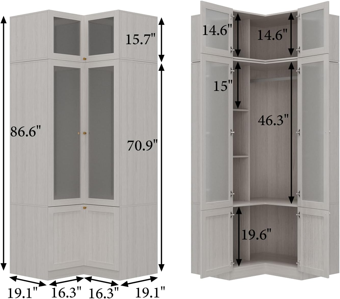 MOUMON Tall Corner Wardrobe, L-Shaped Modern Bedroom Armoires with Frosted Glass Doors and Hanging Rod, Corner Armoire Closet for Clothes Storage, Wood Grain 35.4' W x 35.4' D x 86.6' H