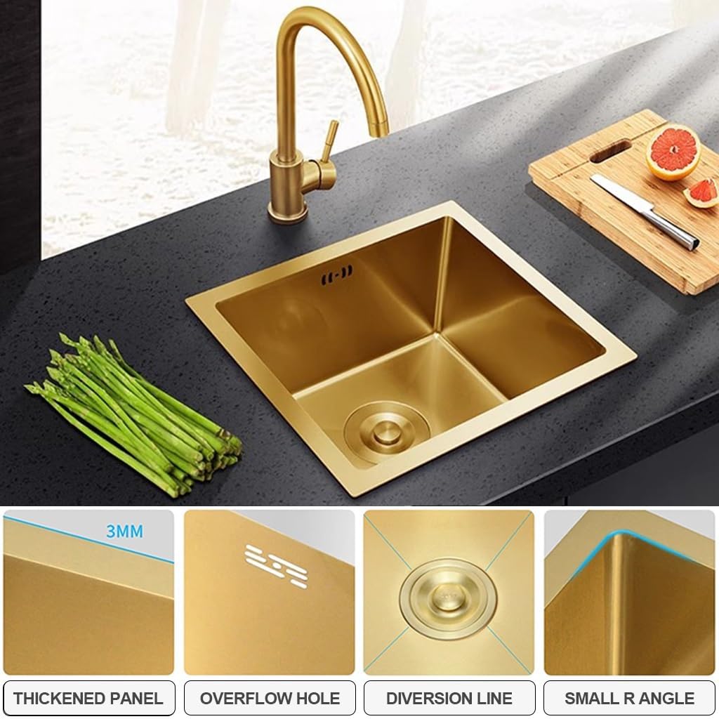 304 Stainless Steel Kitchen Sink Gold Nano Single Bowl Bar Sink Multi-Functional Household RV Sink with Large Bend Faucet & Drainage Component (Color : Gold, Size : 45x45x21cm) (Gold 36x36x21cm)