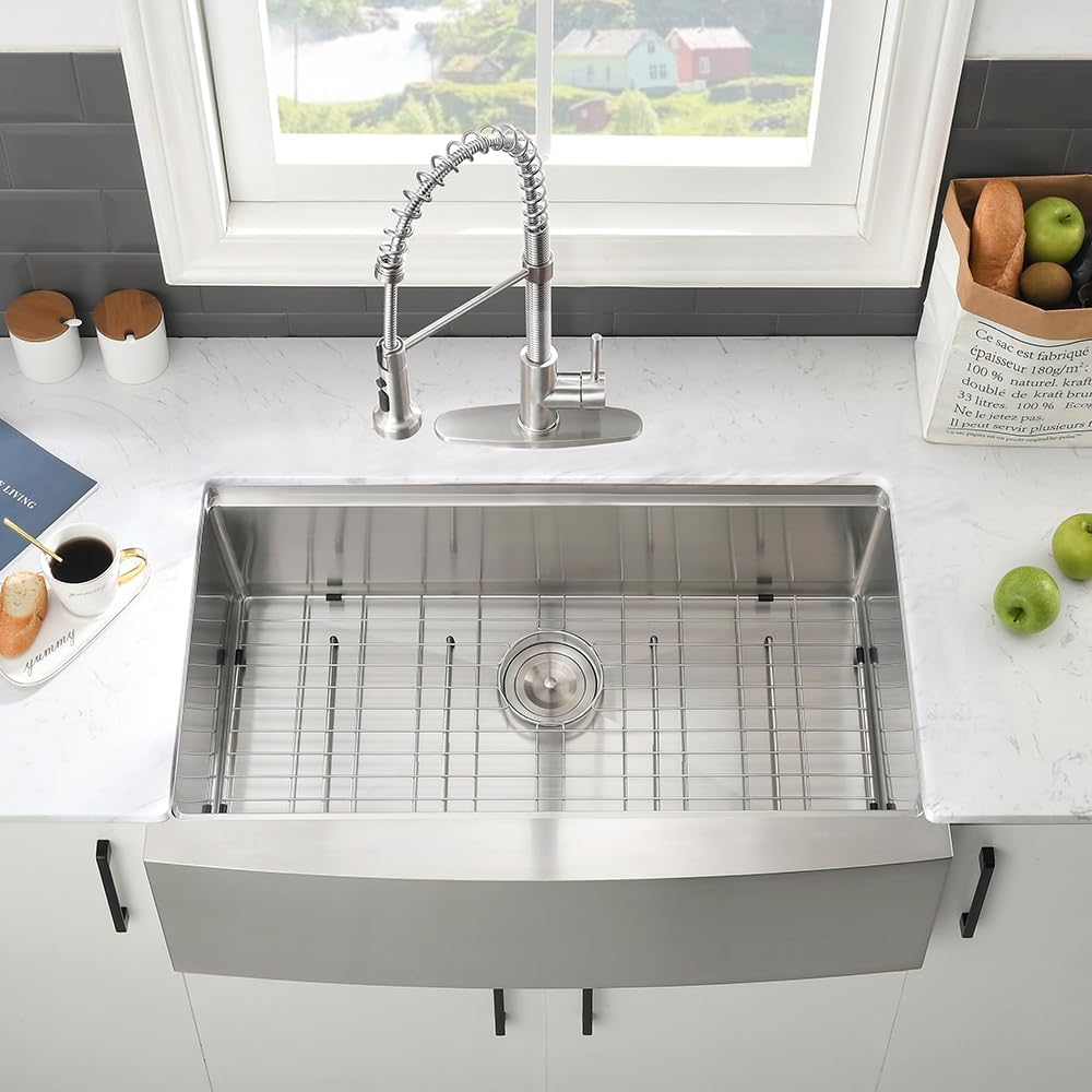 33 Inch Stainless Steel Farmhouse Sink-VASOYO 33 x 22 Farm Sink Apron Front Farmhouse Kitchen Sinks Workstation 16 Gauge 304 Stainless Steel Singe Bowl Deep Kitchen Sinks Farmer with Cutting Board